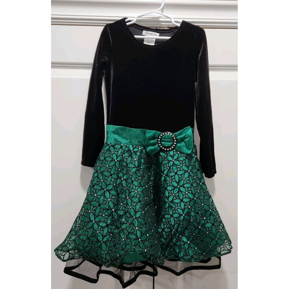 Girls Bonnie Jean Size 6X Party Event Dress Black Velvet Green Sequins Christmas